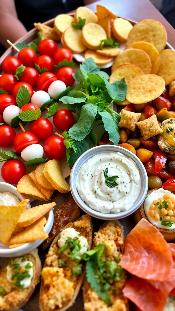 A variety of appetizers including Caprese skewers, spinach dip, bruschetta, and cheese board on a decorative platter.